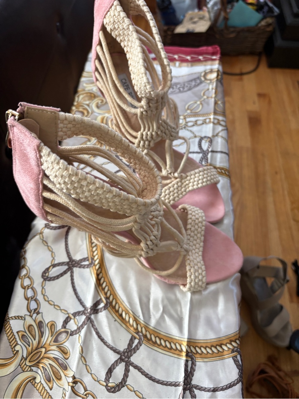 Braided Strappy High-Heel Sandals in Pink and Beige